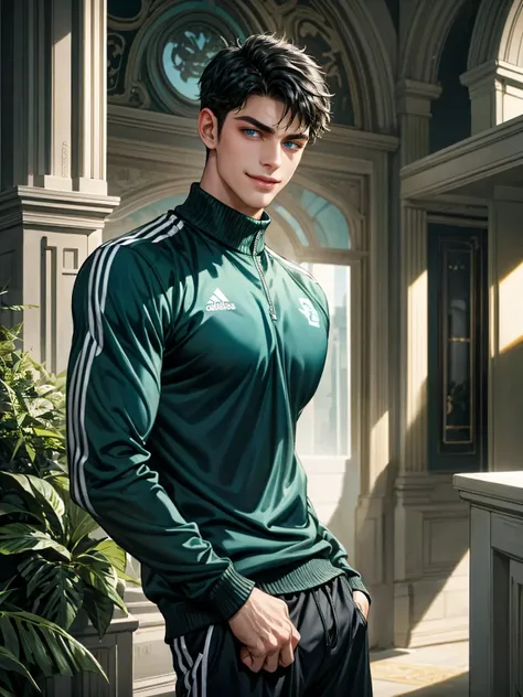 Handsome young man, black hair short hair, blue eyes, ombros largos, masterpiece, Absurd, Beautiful and detailed face, with arms crossed, has a sarcastic smile, olhando para o espectador, with dark green adidas long sleeve sweater, daytime environment, an ...