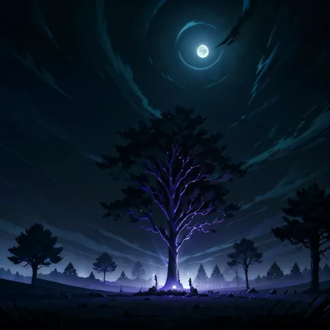 (melhor qualidade: 0.8), (melhor qualidade: 0.8), A dark and eerie forest at night in a gothic style, with twisted, leafless trees and thick, swirling mist covering the ground. Purple ghostly orbs float through the air, casting an ominous glow. The full mo...