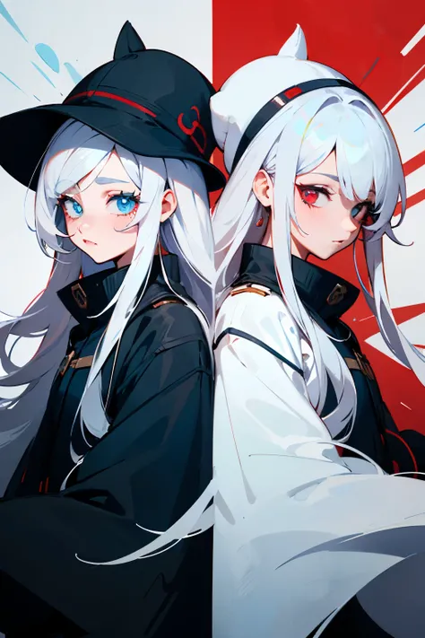 The twins both have long white hair, one has red right eye, one has blue left eye, one has blue right eye, one has red left eye