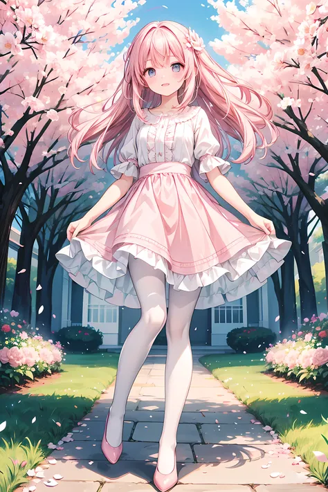 1 girl, pink dress, beautiful morning light, full body, white pantyhose, best quality, 8K, outdoor, pink petals falling,happy,flower hair ornament