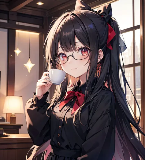 younger sister::5,Best Quality::4,Long Hair::5,Black Hair,smile::2,Dutch Angle,ribbon::3,Glitter effect::4,blush::2,Ribs are visible::2,side::7,sideが見える::6,Small breasts::7,smile::4,Wearing glasses::6,Red eyes::4,A Cup::3,:4,::8,Murderous Intent::10,