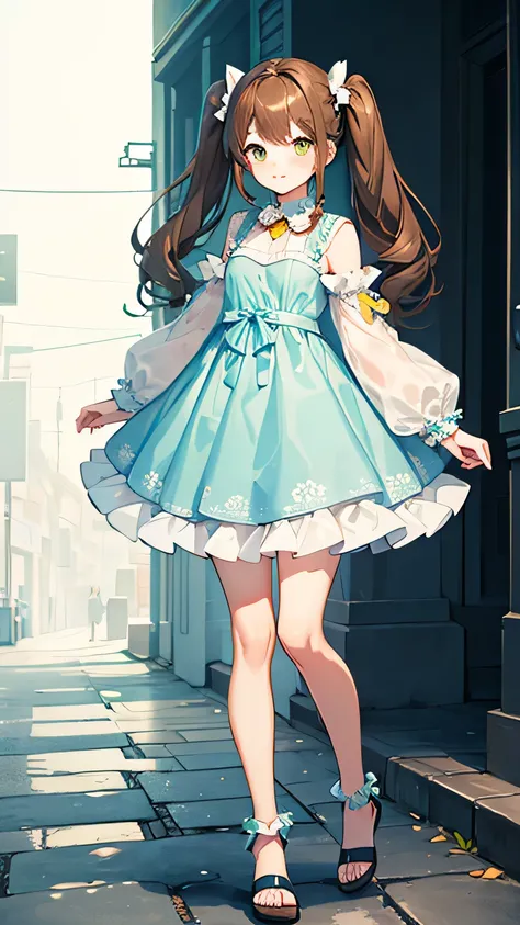 Full body illustration from head to toe　cute　woman　Light blue idol dress　Brown Hair　Twin tails　Yellow-green eyes　　No background