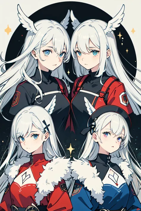 The twins both have long white hair. One has a blue left eye and a red right eye. One has a blue right eye and a red left eye.