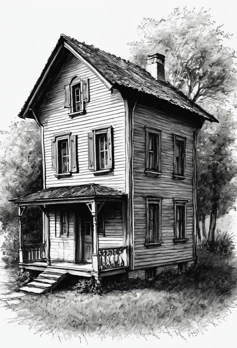 drawing, sketch, black and white, small old house