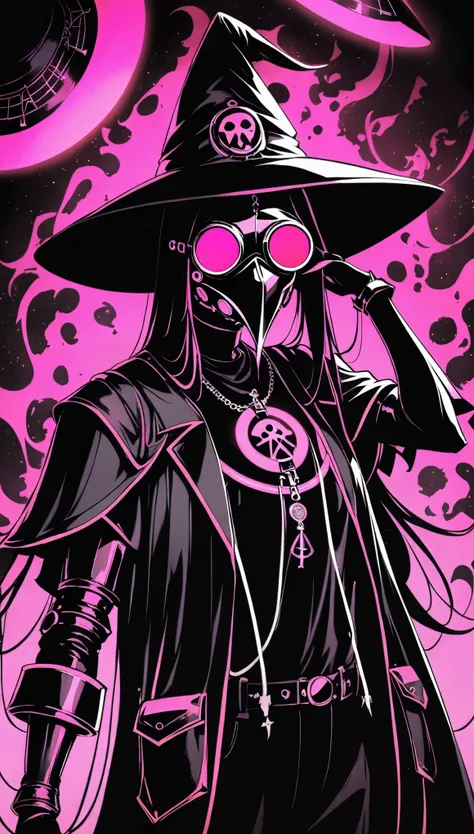 (in style of Artem Demura:0.9), (1girl:1.4),lori girl ,(loose hip-hop outfits:1.1),(internally stained giant wide-brimmed (wizard hat):1.1),silhouette,(metal plague doctor mask:1.4),glowing light,(((neon glowing round sunglasses))),unable to see the eyes,(...