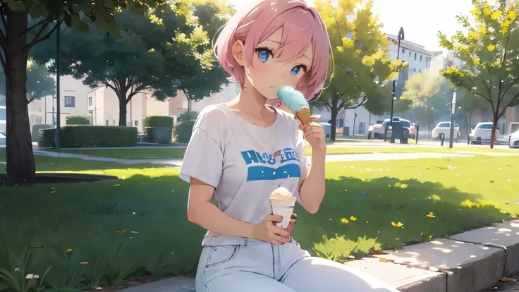 An 1 girl, short pink hair, honey colored eyes, with a white t-shirt and blue pants. (She is sitting eating ice cream in the park)