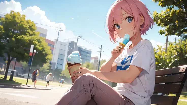 An 1 girl, short pink hair, honey colored eyes, with a white t-shirt and blue pants. (She is sitting eating ice cream in the park)