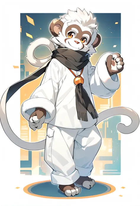 Furry monkey, white fur, solo boy, black scarf, white monkey tail, short, smiling, friendly, full body