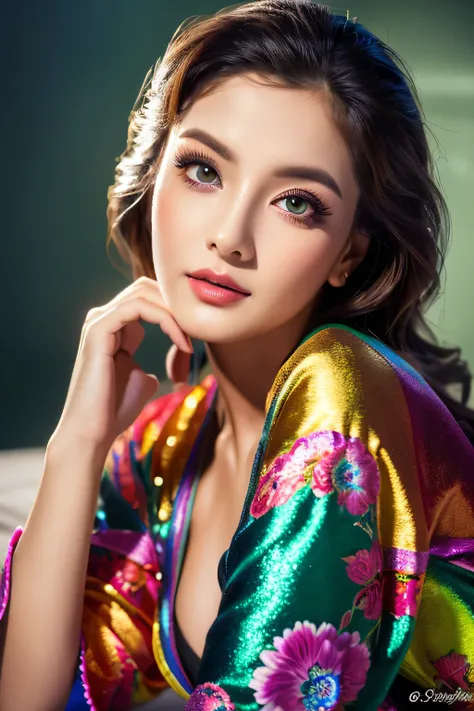 best quality,highres,ultra-detailed,(realistic:1.37),vibrant colors,studio lighting,portraits,sexy,gorgeous girl,seductive gaze,luscious lips,beautiful detailed eyes,satin bathrobe,stunning makeup,confident pose,dramatic lighting,flawless skin,perfectly st...