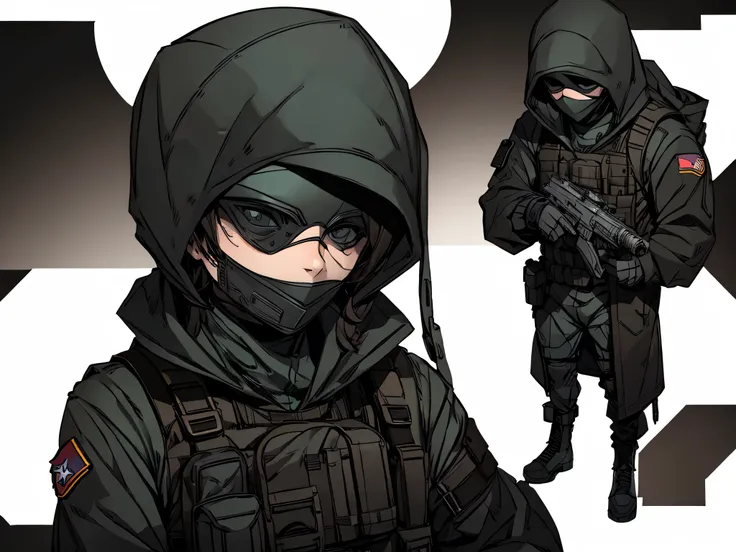 A masked man, military clothing, whole body