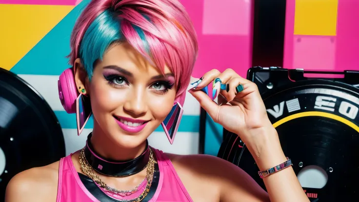 smiling woman in 80s style, 80s fashion, pink plastic geometric earrings, short hair, punk colorfull hair, fluorescent colors, cassette tapes, vinyl records, neon geometric forms in the background, bold make up, arcade