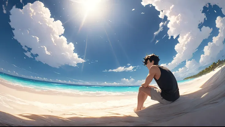 Digital Art, 8k, Octane Rendering, masterpiece, Best Quality, (Golden Ratio), (Looking at the sea), (1 male), Affectionate, Detailed Hair, Detailed face, A man with short black hair, Brown eyes,Tank tops, particle, Wind, Cinematic Light, 自然のWind景, Maldives...