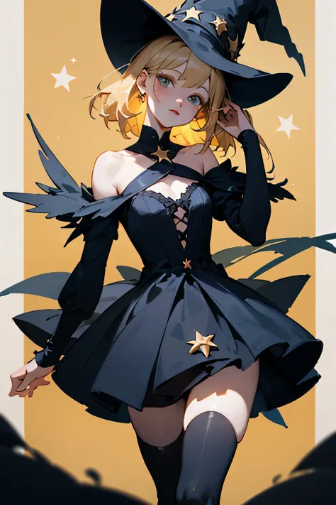 ((Best quality)), ((Masterpiece)), (details), 
Little Mom has blond hair, wears a black witch hat with a star on it, wears a black dress showing her shoulders, and wears black stockings.