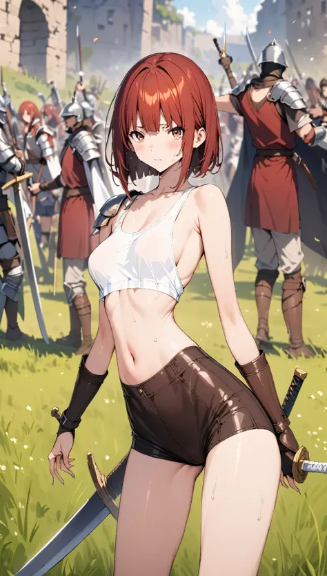 ((masterpiece,Best Quality:1.3,best quality illustrations)),cowboy shot,portrait,1woman,young adult,(short bob cut hair,red hair,small head, long bangs between eyes, red eyes,(gorgeous eyes), long body,medium breasts,(Gladiator、shoulder armor,White tank to...