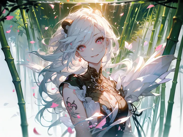 ((masterpiece， Best quality))，panda，Large Breasts，garden，Petals falling，bamboo，White hair，Pure white background，Detailed face，Smile，whole body，Perfect body proportions，Glowing eyes，sexy，Tattoo，extremely beautiful，transparent，Fishnet stockings