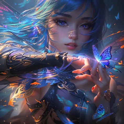 anime girl with blue hair and butterfly wings in her hand, 2. 5 d cgi anime fantasy artwork, 8k high quality detailed art, beautiful digital artwork, 4k detailed digital art, 4k highly detailed digital art, 8k stunning artwork, extremely detailed artgerm, ...