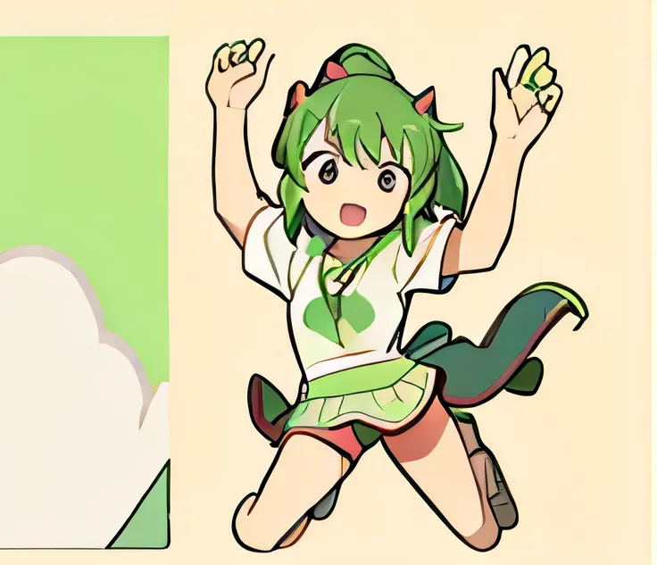 A teenage girl with green hair is jumping with her hands raised. She is dressed in a primitive style. She has a magatama pendant around her neck. She has a sexy look. She has red horns.２Put demonic elements all over the body of the main head
