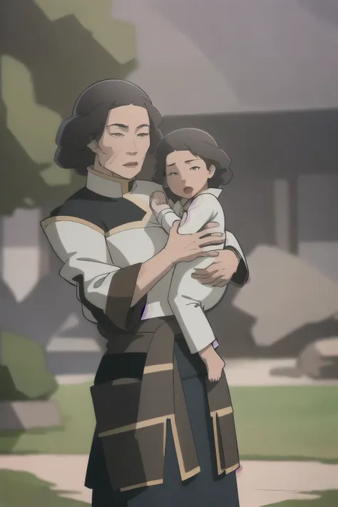 lin beifong holding a baby, in a japanese garden style outdoor environment