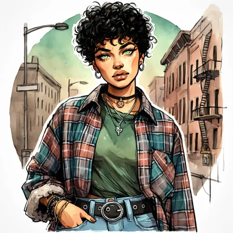 Illustration of Lyna, a 2 Afro-Latina young woman with a grunge style. She has short, curly black hair and olive-green eyes, wearing a flannel shirt, distressed jeans, and heavy boots. The image is vibrant, capturing her edgy, rugged aesthetic in a waterco...