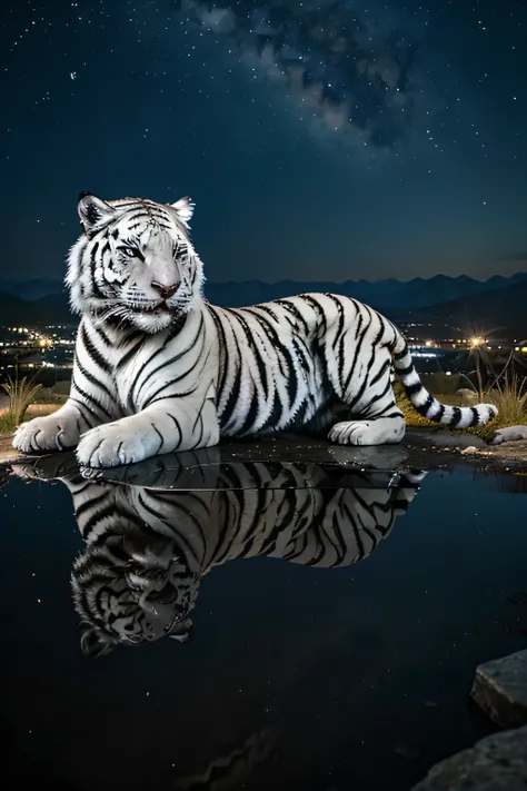 white tiger, at night, on a mountain, with reflections of the stars 2048 × 1152 pixels