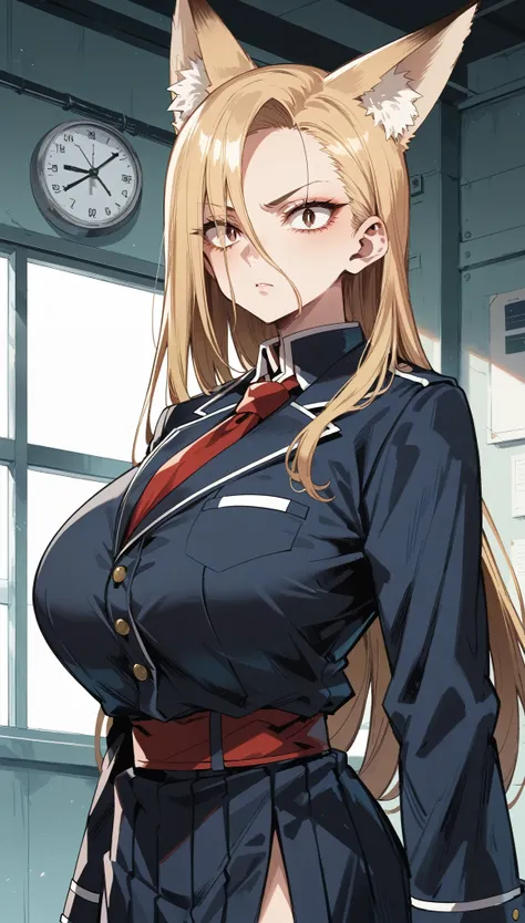 Cold Stare,(hi-quality,high resolution),((Fox Ears)),(((forehead,asymmetrical hair))),((((very turime,long slit eyes)))),(school uniform),(((oblong face))),((huge breasts)),((very narrow eyes))((Clear Eyes,Perfect Eyes,brown eyes)),((clear lines)),Blonde,L...