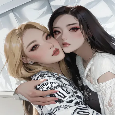 two women hugging in a room, ulzzang, nixeu e sakimichan, twice, sakimichan, with ivy, roseanne park of black rose, 8k)), jia, popular south korean makeup, with black, jossi of black rose, black rose, Yanjun Chengt, Jinyoung Shin-Shin ..., scandy e arender