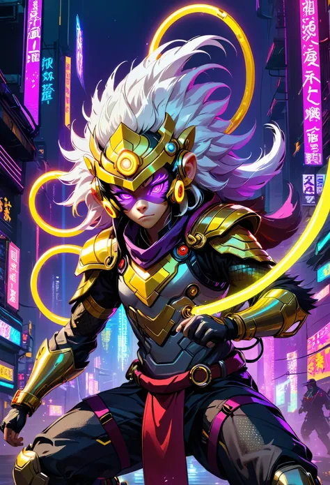 Cyberpunk armored hero with asymmetrical windbreaker and neon energy accents.
Golden ring headgear referencing Monkey King’s crown, with minimalistic design.
High-tech helmet with integrated glowing visor and holographic displays.
Flowing white hair, addin...