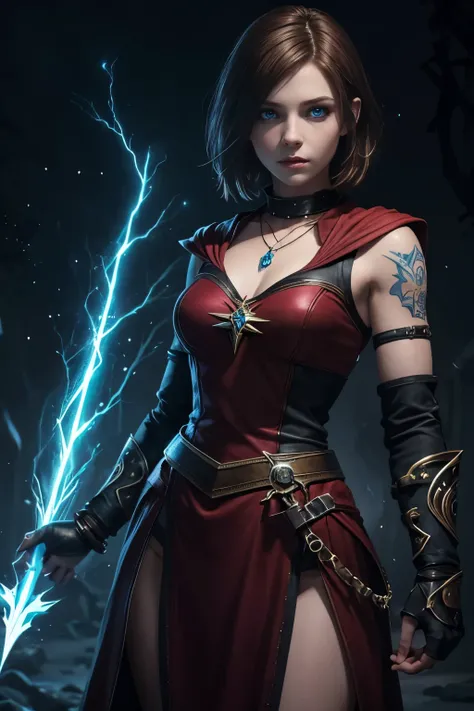 8k,blue eyes, young girl, teenager, red clothes, necklace, brown hair, short hair, pale skin, white skin with blue-line tattoos, tattoos everywhere, elemental hands, sparkling lightning, casting spells, long gloves, mage cloth, tight clothes, mage, bracers...