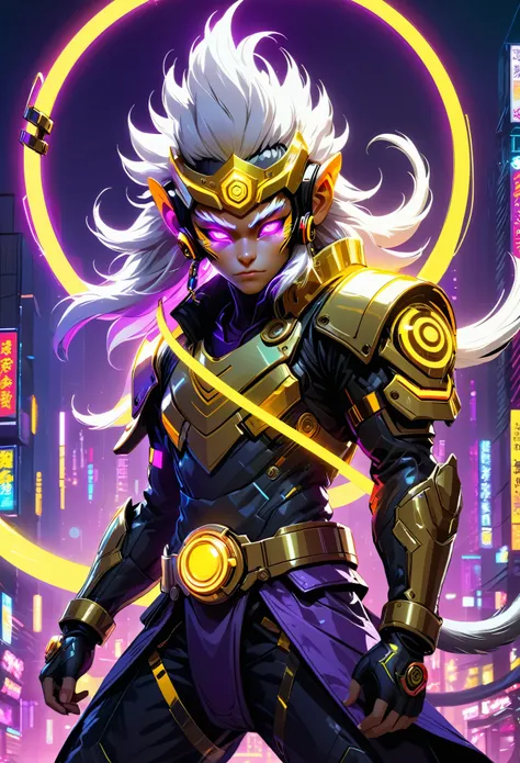 Cyberpunk armored hero with asymmetrical windbreaker and neon energy accents.
Golden ring headgear referencing Monkey King’s crown, with minimalistic design.
High-tech helmet with integrated glowing visor and holographic displays.
Flowing white hair, addin...