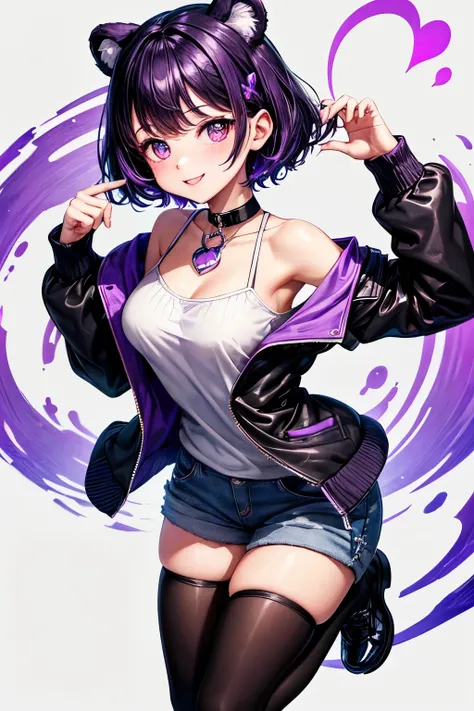 {worst quality, low-quality}, ((Bear-eared chemomimi girl)), ((Black-haired berry short,Purple and blue inner colors)), (beautiful  purple eyes), plump shiny lips,  (The best smile), Spoken Heart, Leaning forward, (cute Pose:1.2), (Goth  style clothes), (S...