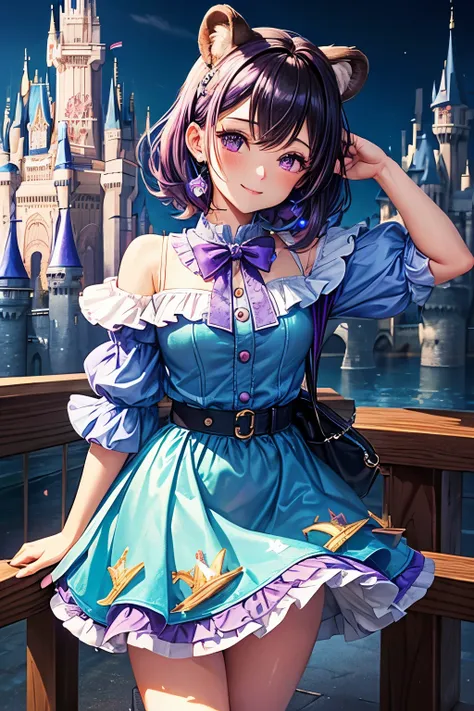 {worst quality, low-quality}, ((Bear-eared chemomimi girl)), ((Black-haired berry short,Purple and blue inner colors)), (beautiful  purple eyes), plump shiny lips,  (The best smile), Spoken Heart, Leaning forward, (cute Pose:1.2), (Goth  style clothes), (S...