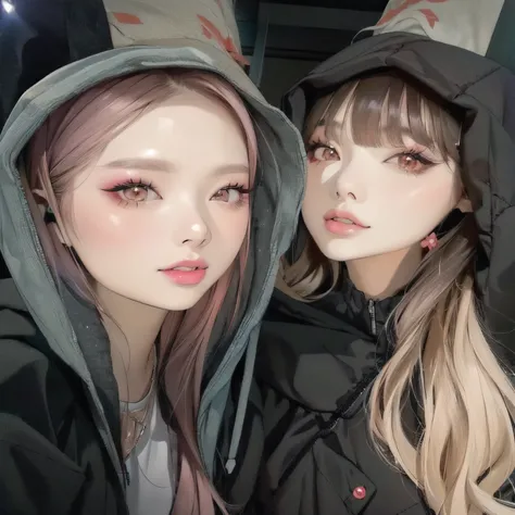 two young women wearing hoodies posing for a photo, ulzzang, nixeu e sakimichan, lalisa manobal, sakimichan, 8k)), popular south korean makeup, with ivy, inspired by Wang Duo, Twice, lalisa manoban do blackpink, popular Korean makeup