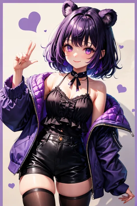 {worst quality, low-quality}, ((Bear-eared chemomimi girl)), ((Black-haired berry short,Purple and blue inner colors)), (beautiful  purple eyes), plump shiny lips,  (The best smile), Spoken Heart, Leaning forward, (cute Pose:1.2), (Goth  style clothes), (S...