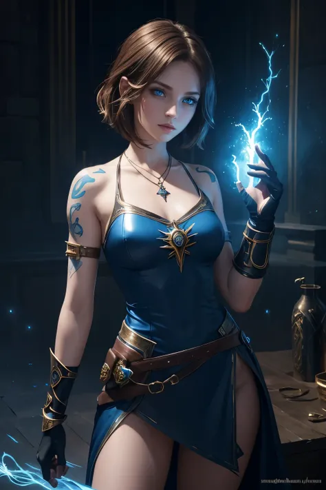 8k,blue eyes, young girl, teenager, red clothes, necklace, brown hair, short hair, pale skin, white skin with blue-line tattoos, tattoos everywhere, elemental hands, sparkling lightning, casting spells, long gloves, mage cloth, tight clothes, mage, bracers...