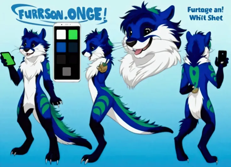 There are three different poses of a furry animal with a mobile phone, furson!!!!, Reference sheet, male fursona, Otter furson, furson, Reference art, furson art, pelzige Fursona, Reference model sheet, Otter!!! furson, Professional Furry Drawing, Referenc...