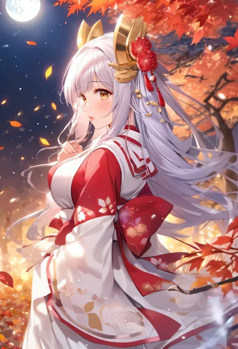 {worst quality, low-quality}, ((🦊Eared girl)), Solo, Big breasts, ((Long silver hair)), plump shiny lips, Beautiful clear eyes, (Golden Eyes, kirakira), Spoken Heart, ((Japanese shrine maiden, Intricate and majestic beautiful patterns)), embarrassed, Looki...