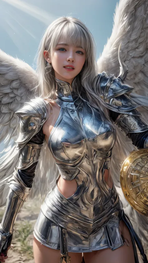 ((Golden Eyes))、(((Silver Hair:1.1)))、((Platinum-colored cruciform armor:1.1))、A strong angel in heavenly armor, (((shield))), ((Seven Wings)), Ready for battle、Very beautiful woman、Slender women、(Detailed face)、Realistic Skin、((Delicate photo)),(Girls Mas...