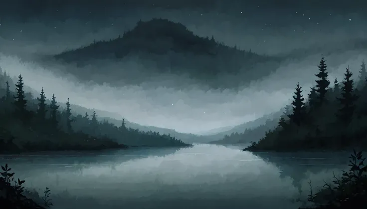 the forest, lake, Night, the sky is overcast, fog, Night, lake