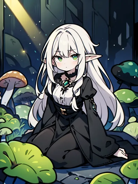 a beautiful elf woman from ((pale bluish skin)), ((white hair)), straight hair, long hair, ((white eyes)), black dress, detailed...