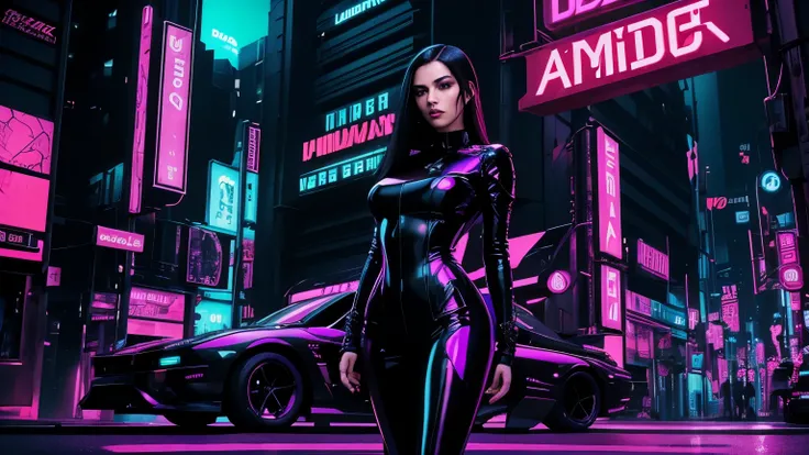 A horizontal 16:9 image designed for an adult entertainment company, announcing upcoming changes. In the foreground, a seductive woman in a glossy, intricate cyberpunk latex suit, inspired by Atsuko Kudo designs, poses confidently. She is dressed in a slee...