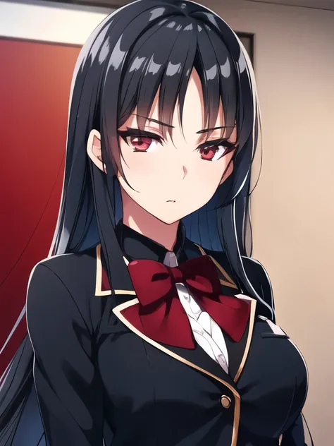 A woman with black hair in a red school uniform, Red Eyes, Classroom Master Peace, Best quality(Extremely detailed CG:1.4), Very rich facial details