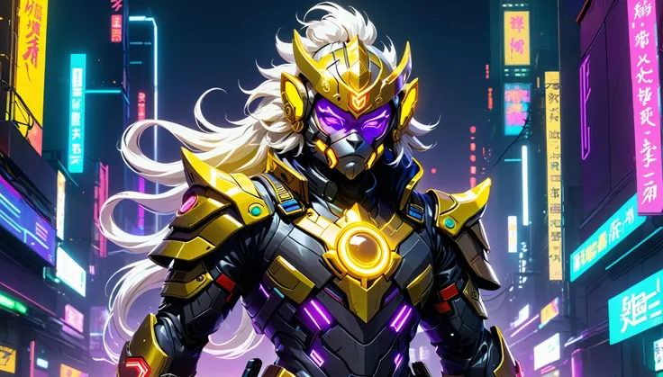 Cyberpunk armored hero with an asymmetrical windbreaker and neon energy accents, facing forward. Golden ring headgear referencing Monkey King’s crown, with a minimalistic design visible from the front. High-tech helmet with integrated glowing visor and hol...