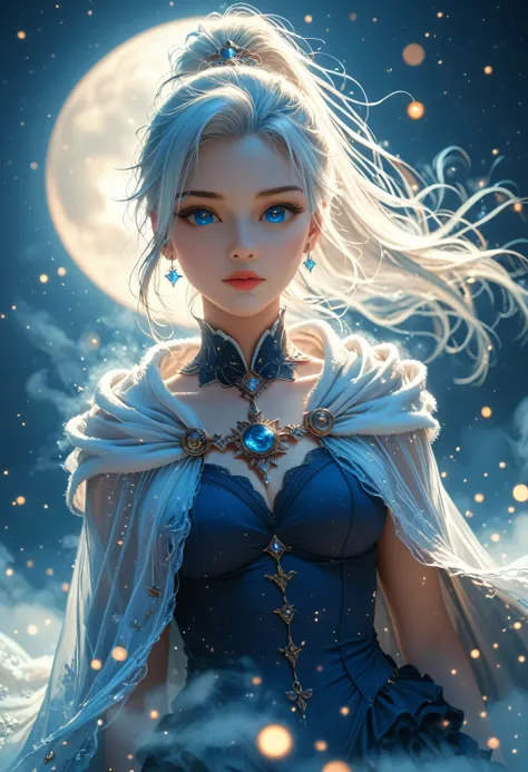 masterpiece, (Best quality: 1.2), (super excellent: 1.2), illustration, (Incredibly soft and beautiful: 1.2), film angle, floating, (Beautiful detailed eye: 1.1), (detailed light: 1.1), Film Light, Tender sky, woman, White hair, Blue eyes, (high ponytail: ...