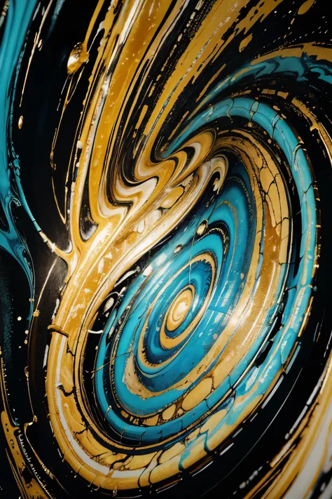 In einer Schüssel mit Wasser befindet sich ein gold yellow-Whiteer Wirbel, swirling liquids, swirling fluid, swirling liquid ripples, swirling liquid abstract art, swirling water cosmos, swirling paint, Water vortex, flüssiger Whitee Farbe, liquid painting...