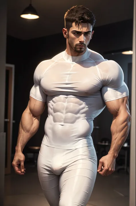 man in a white tight t shirt that accentuates his big biceps,tight abs, tight shirt accentuates his abdominal muscles,wearing black leather pants