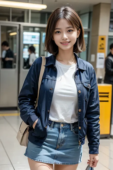 1girl wearing white t-shirt, denim skirt highlighting thighs, short hair, standing at subway ticket gate, front view, holding many paper bags, smiling, realistic, photorealistic, 4k, best quality, masterpiece, high-res, ultra-detailed, vivid colors, natura...