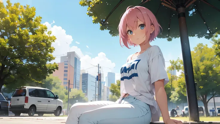 An 1 girl, short pink hair, honey colored eyes, with a white t-shirt and blue pants. (She is sitting in the park) (His face reflects shame and surprise)