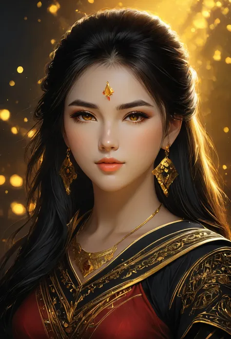 DSLR raw photo (masterpiece,Best quality</input></xml>, detailed), dark and rich shadows, red, gold and black , golden light, a WLOP portrait of a brunette by artgerm, pale and smooth cheeks, First shepherd, black hair , exterior, multilayered realism, lum...