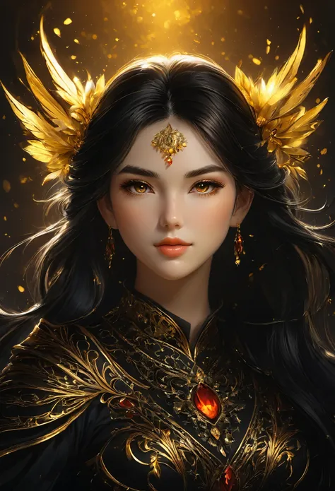 DSLR raw photo (masterpiece,Best quality</input></xml>, detailed), dark and rich shadows, red, gold and black , golden light, a WLOP portrait of a brunette by artgerm, pale and smooth cheeks, First shepherd, black hair , exterior, multilayered realism, lum...