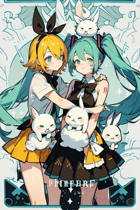 Little Hatsune Miku with a plush cat and Kagamine Rin with a plush rabbit are best friends 